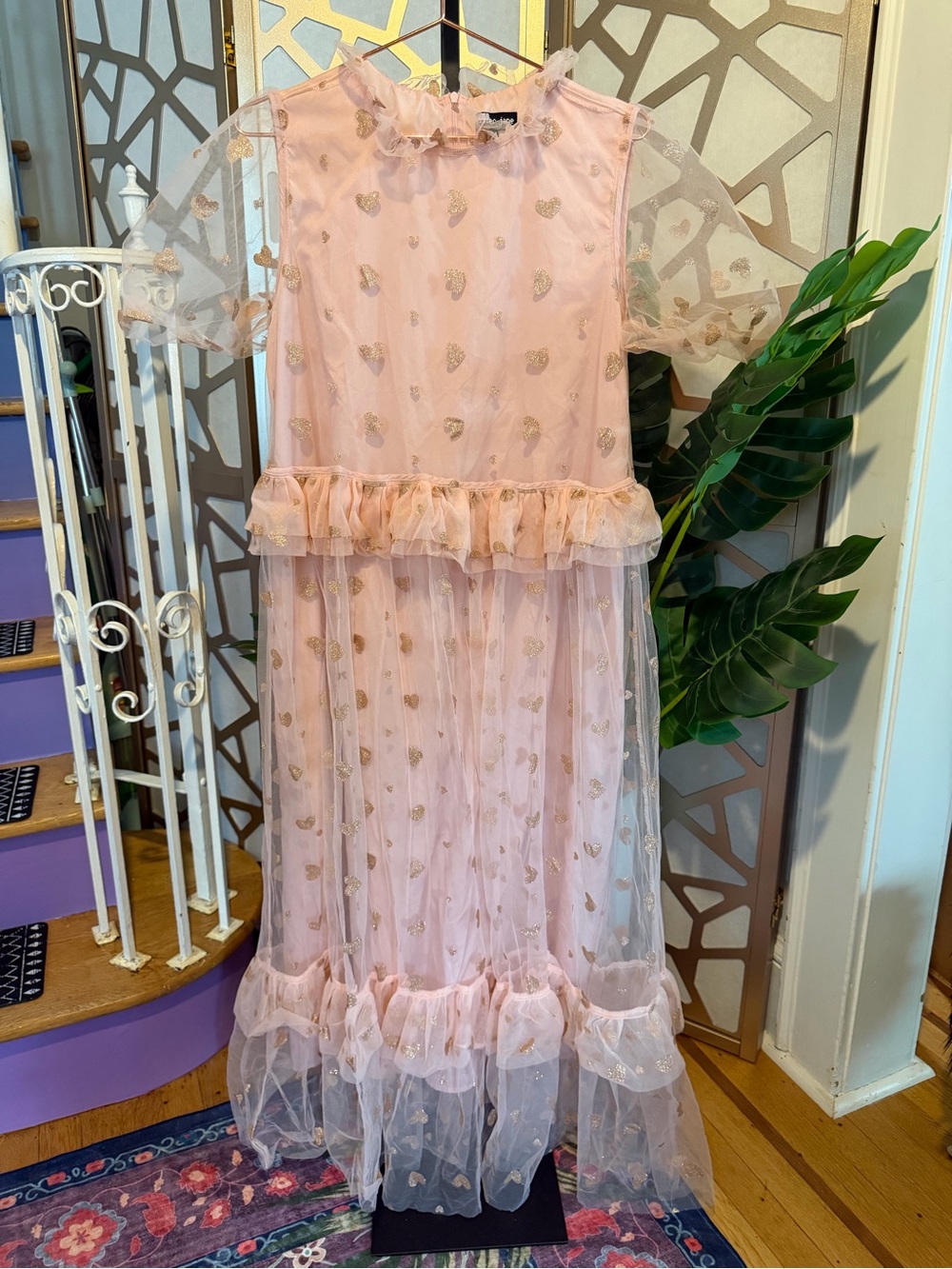 Sister Jane Pink Sheer Tulle Maxi Dress with Gold Metallic Heart Motif